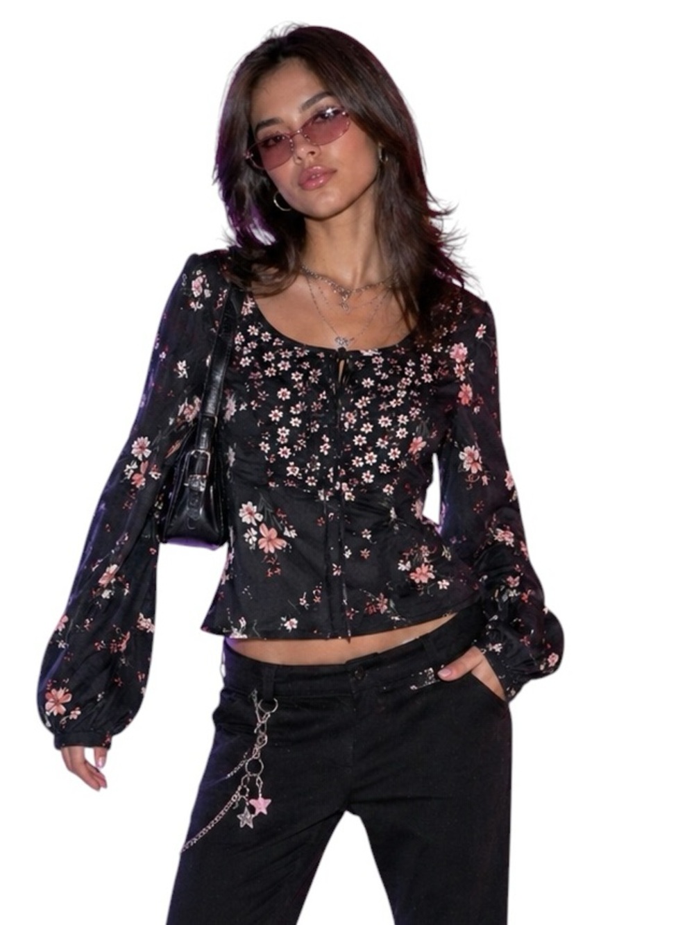 Candie's Black and Pink Floral Blouse Y2K Size Large
